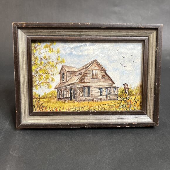 Vtg Log Cabin Painting 3×5 Signed F.S.Rustic Miniature Folk Art, Framed Original - Picture 1 of 7